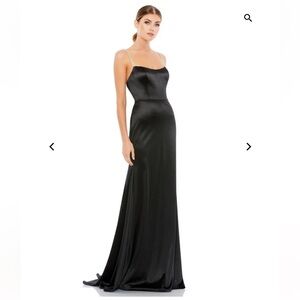 Mac Duggal Black Charmeuse Rhinestone Strap Trumpet Gown